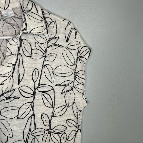 Cynthia Rowley Women 100% Linen Collared Pullover T Shirt Sz L White Black Leave - Picture 3 of 9